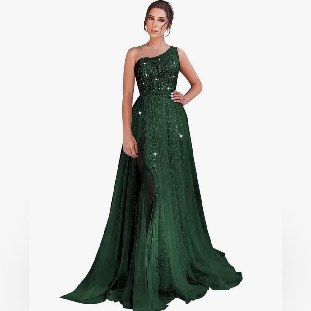 yinyyinhs green sequin prom dress one shoulder w tulle and leg slit size 8